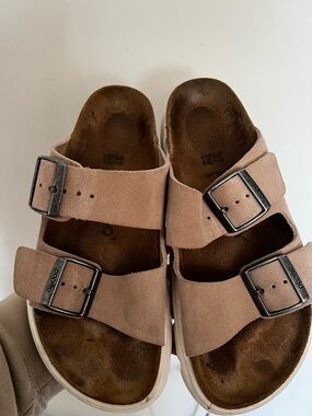 Papillio Taupe Suede Double-Buckle Platform Slide Sandals